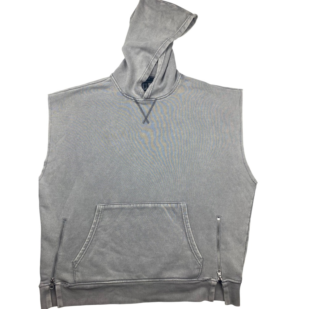 Forever 21 Men Grey Sleeveless Hoodie Vintage Wash Side Zip Pullover Vest Large